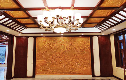 固镇中式别墅客厅中式木作横梁吊顶装饰展示